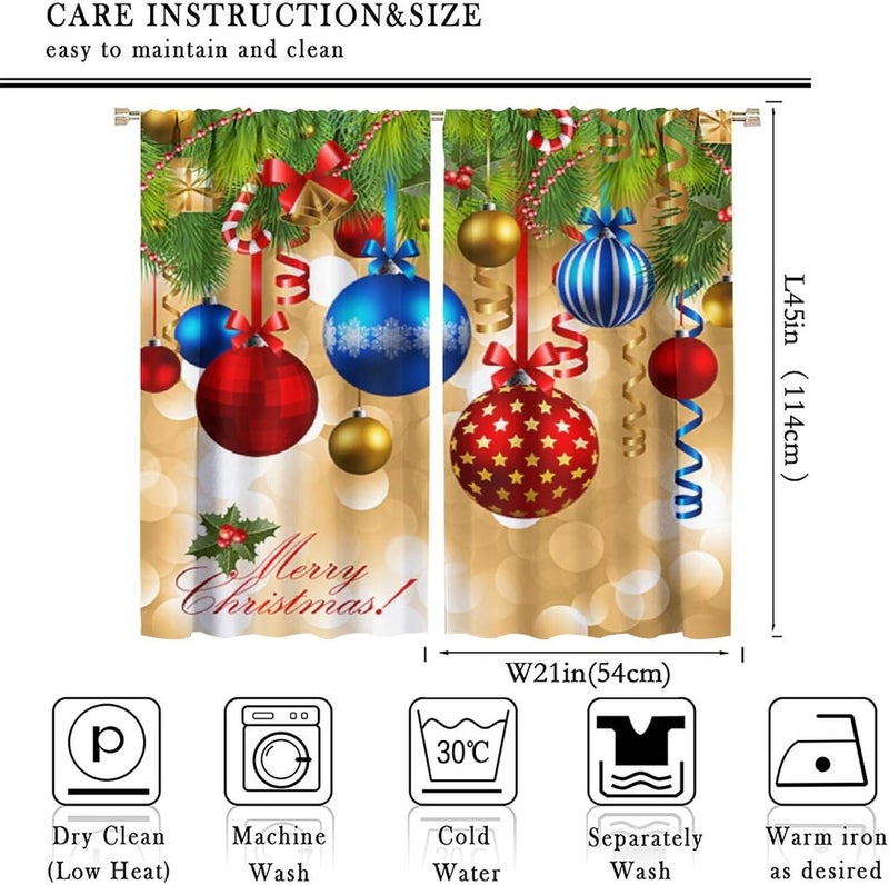 YCness Merry Xmas Curtains, Merry Christmas Ball Window Treatments for Living Room Bedroom Kitchen Holiday Party Decor, Gold Silver Glitter New Year Drapes 2 Panel Sets,42x45 Inch - Image 2